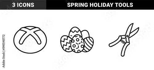 Easter holiday and gardening season line art elements. Technical monoline pictograms featuring decorated eggs, hot cross buns, and pruning shears.