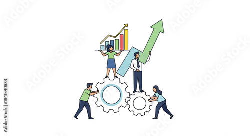 Business Team Collaborating on Growth Chart and Gears.