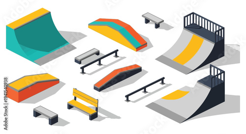 An isometric illustration depicts various skatepark elements including ramps rails and quarterpipes creating a dynamic scene silhouette high quality professional detailed