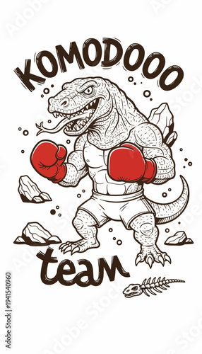 Komodo Dragon Wearing Boxing Gloves Illustration.