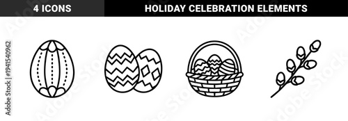 Easter holiday celebration linear graphics featuring decorated eggs and willow branch. Minimalist monoline aesthetic for seasonal greeting cards and festive branding.
