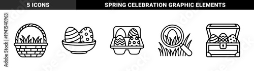 Easter egg hunt and holiday celebration line art. Bold monoline graphic elements featuring decorated eggs in baskets, cartons, and hidden in grass.