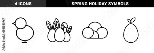Easter holiday celebration elements with geometric monoline aesthetics. Minimalist line art symbols featuring eggs, bunny ears, and spring chick.