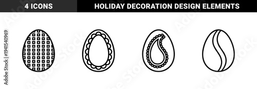 Easter egg outline illustrations with geometric patterns and folk art motifs. Minimalist monoline silhouettes for spring holiday crafts and seasonal coloring.