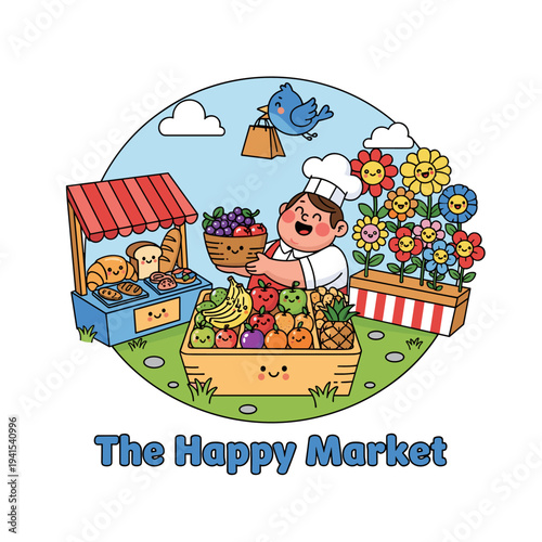 Cheerful cartoon chef selling fresh fruits and baked goods at a happy outdoor market