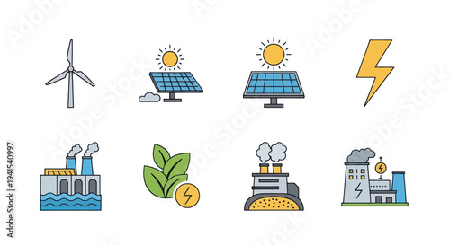 Collection of Renewable Energy and Power Generation Icons.