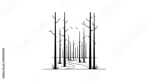 A minimalist black and white illustration portrays a winding path through a dense forest of bare trees with birds flying above.