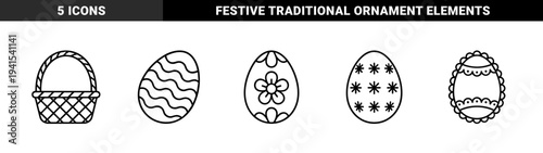 Easter holiday celebration decorative elements and spring season traditional symbols. Monoline black and white graphic illustrations of decorated eggs and woven basket.