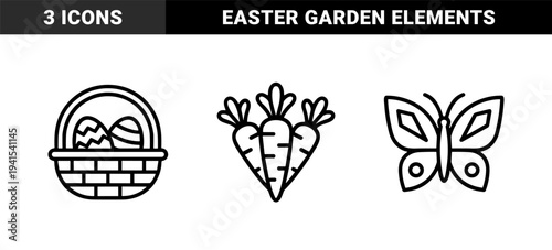 Spring seasonal symbols featuring Easter egg basket, fresh carrots, and butterfly. Minimalist chunky monoline graphics for holiday branding and garden education.