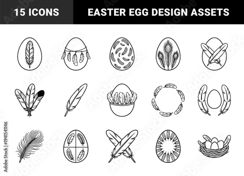 Bohemian Easter egg and feather elements in clean monoline style for seasonal branding. Decorative tribal bird plumes and ornate eggs for spring holiday aesthetics.
