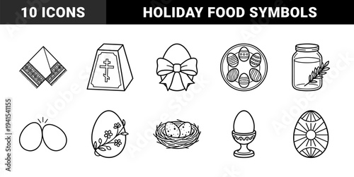 Orthodox Easter traditions and festive food line art. Minimalist monoline symbols featuring Pysanky eggs, Paskha cake, willow branches, and ritual textiles.