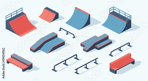 Isometric view of a skatepark with various ramps rails and a distinct monochromatic silhouette high quality professional detailed modern elegant stylish