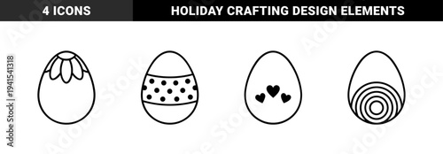 Easter egg outline illustrations for holiday crafting and seasonal stationery. Minimalist monoline festive symbols with polka dots, floral, and heart patterns.