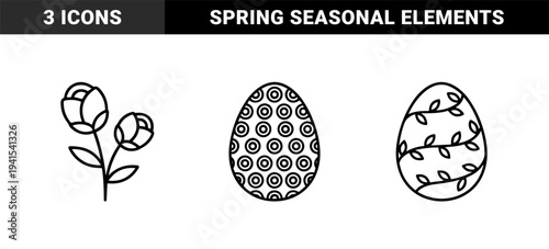 Spring seasonal symbols and floral line art for Easter celebrations. Minimalist monoline rose buds and decorated eggs featuring geometric and vine patterns.