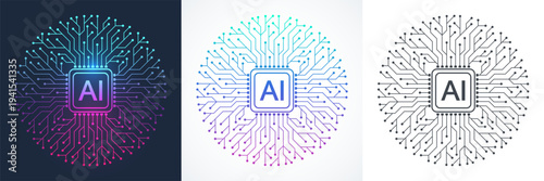 Modern handmade vector icon, sign, logo circuit line style in the Artificial intelligence concept. Set AI processor icon flat design. Motherboard digital chip AI.
