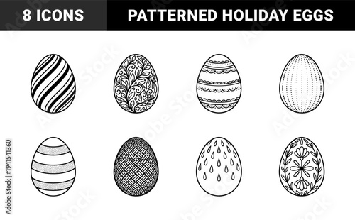 Easter egg coloring page featuring diverse hand-drawn patterns. Folk art inspired black and white line art with floral, geometric, and abstract textures.