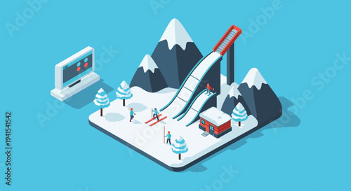 Isometric illustration of a winter ski resort with a ski jump skiers and buildings in silhouette high quality professional detailed modern