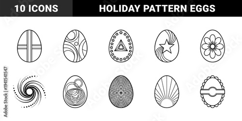 Easter egg outline illustrations with geometric patterns and celestial ornaments. Minimalist line art coloring page elements for seasonal holiday activities.