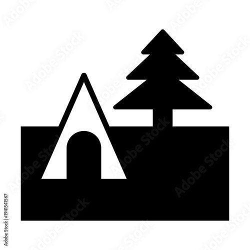 Camping Icon Black and White – Minimal Tent and Outdoors Line Vector. Black and white camping icon in minimal line style. Simple tent and outdoors vector illustration isolated on background.