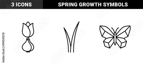 Spring nature and growth elements in geometric monoline style. Minimalist tulip bulb, blade of grass, and stylized butterfly for organic branding.