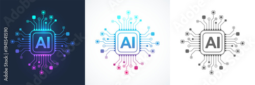 Modern handmade vector icon, sign, logo circuit line style in the Artificial intelligence concept. Set AI processor icon flat design. Motherboard digital chip AI.