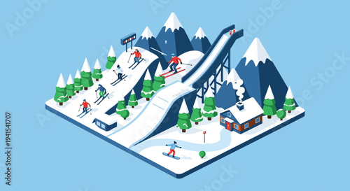 An isometric illustration depicts a winter sports scene with skiers and a ski jump presented as a silhouette high quality professional