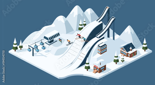 Isometric illustration of a winter ski resort with a ski jump and skiers featuring a striking silhouette high quality professional detailed
