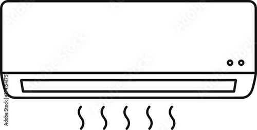 Black and White Line Drawing of Wall-Mounted Air Conditioning Unit with Indicators, Front Vent, and Wavy Lines Representing Flowing Heated Air