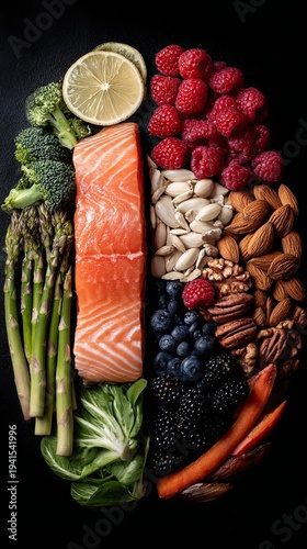 A picture of a brain with a variety of foods for brain health and good memory: fresh salmon, vegetables, nuts, and berries on a black background