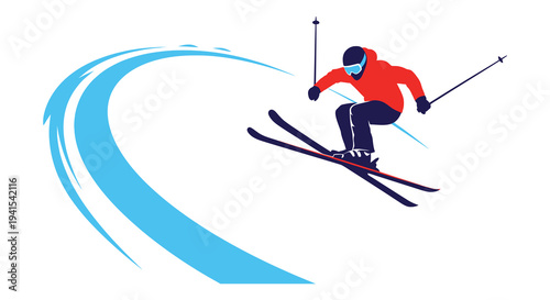 A dynamic depiction of a skier in mid air highlighted by a vibrant color scheme and fluid lines silhouette high quality professional
