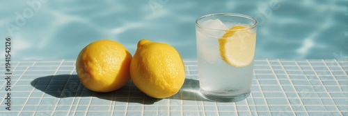 Two fresh yellow lemons and a glass of refreshing lemonade with ice and lemon slice on light blue tile next to sunny swimming pool. Summer drink