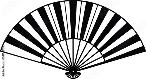 Black-and-white traditional hand fan illustration with geometric symmetry, alternating segments, cultural symbolism, and elegant open design radiating from pivot