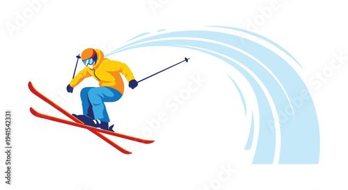 A dynamic illustration depicts a skier in motion leaving a trail of spray as they descend a slope silhouette high quality