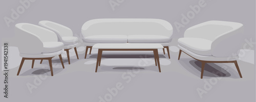Contemporary semi-circle furniture arrangement with curved white sofa, matching armchairs, rectangular coffee table, wooden legs, and minimalist design
