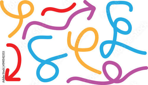 A colorful abstract illustration of swirling arrows and squiggles in red orange blue and pink hues on a white background