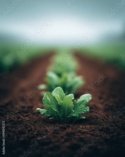 Fresh lettuce seedling growing in fertile brown soil on organic farm. Young plant in long row under natural light, sustainable agriculture and healthy food production