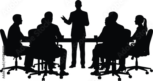 Silhouette illustration of business meeting with seven people, rectangular table, office chairs, presenter standing, teamwork, collaboration, leadership focus