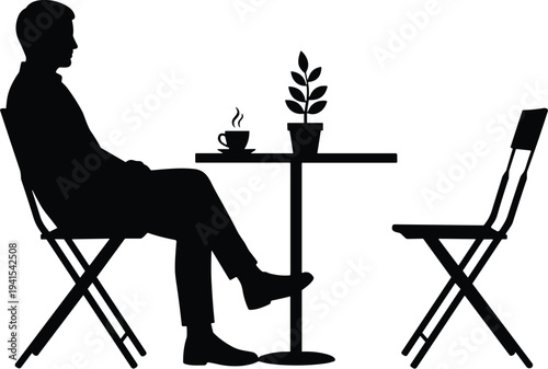 Silhouette illustration of person sitting at round table with hot beverage, potted plant, folding chairs, cozy relaxed café atmosphere