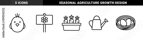 Spring gardening and farming elements for seasonal branding. Technical monoline graphics featuring chick, nest, watering can, and carrots.
