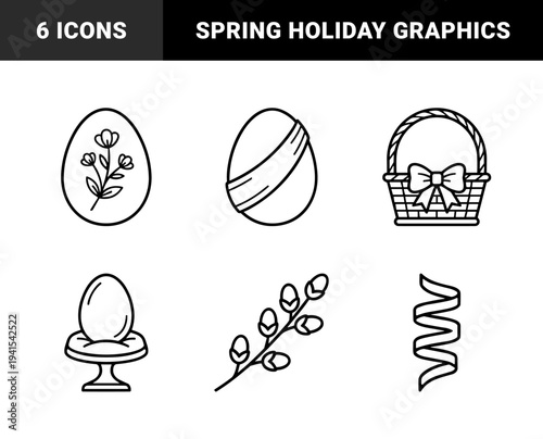 Easter holiday celebration linear graphics for seasonal greeting cards. Minimalist monoline spring elements featuring decorated eggs, wicker basket, and pussy willow branch.