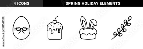 Easter holiday celebratory elements and spring tradition symbols. Minimalist monoline bold stroke graphics featuring decorated egg, glazed cake, bunny ears, and pussy willow branch.
