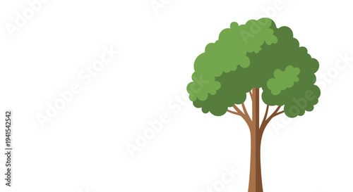 Simple flat design illustration of a vibrant green deciduous tree with a brown trunk, ideal for nature-themed graphic projects, environmental concepts, and educational materials