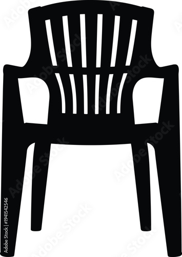 Silhouette of outdoor plastic chair with high back, vertical slats, armrests, molded polypropylene design, lightweight, stackable, and functional seating