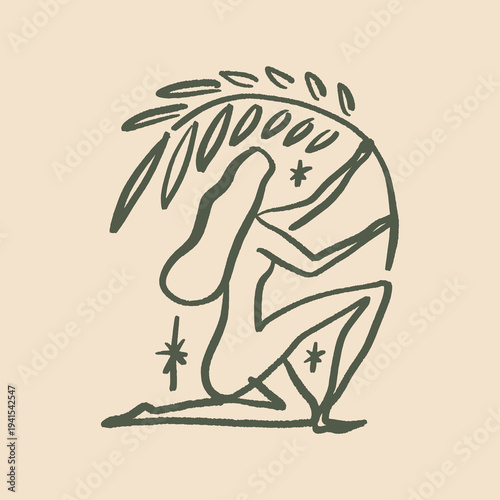 Line logo boho sacred magic woman mystical symbol flat holistic healing meditation, reiki new age concept modern abstract silhouette divine feminine botanical silhouette vector moon child mystical