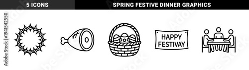 Easter holiday celebration elements and religious symbols in bold monoline style. Minimalist graphics featuring crown of thorns, egg basket, ham, and festive gathering.