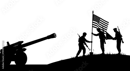 Silhouette of soldiers raising American flag near cannon, symbolizing victory and patriotism