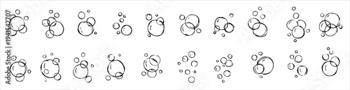 Water bubble. Outline air soap. Sketch foam drawing. Aqua sparkle, doodle pure clean underwater gas. Set of Bath effect isolated on white