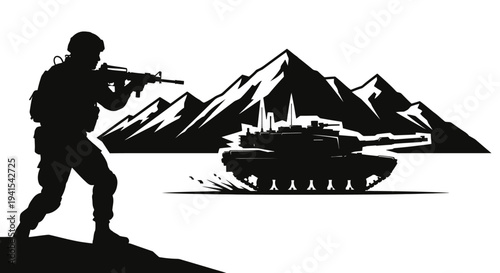 Silhouette Soldier Aiming Rifle Beside Tank and Mountains