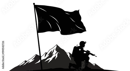 Silhouette Soldier Kneeling with Rifle and Black Flag on Mountain Peak