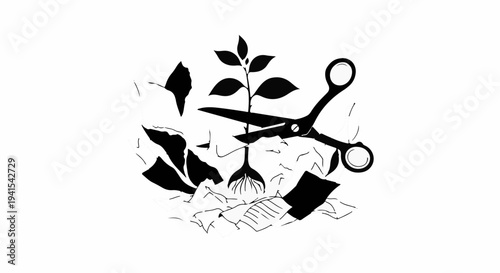 Scissors cutting away discarded paper around a growing plant, symbolizing renewal and sustainability.